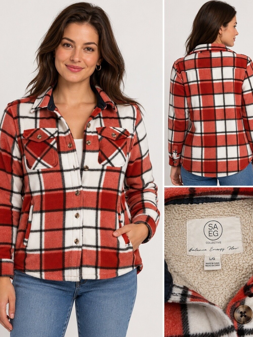 SAGE Red White Plaid Button-Front Jacket Large